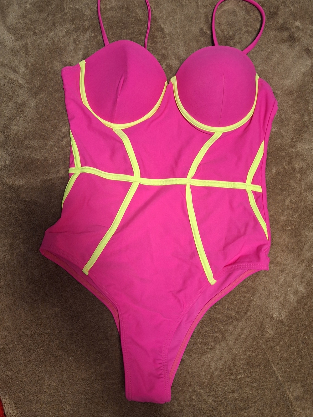 SHEIN Hot Pink One-Piece Swimsuit with Neon Yellow Trim